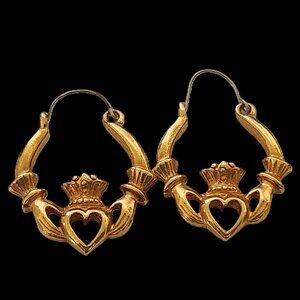 Vintage Claddagh Crown Hands Heart Hoop Earrings, Gold Tone, Estate